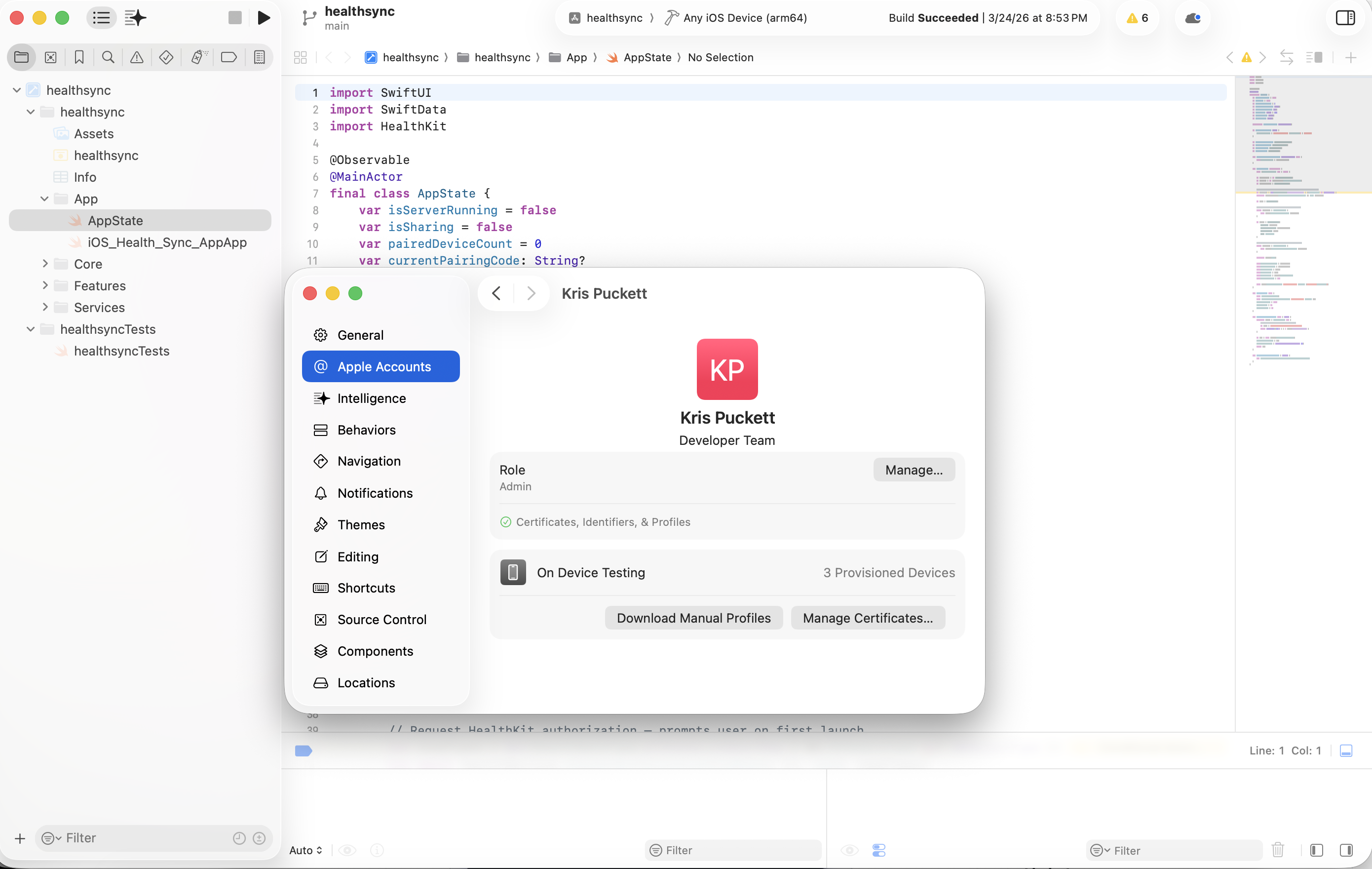 Xcode Settings Apple Accounts pane showing a developer team with the Manage button, certificates, and provisioned devices.